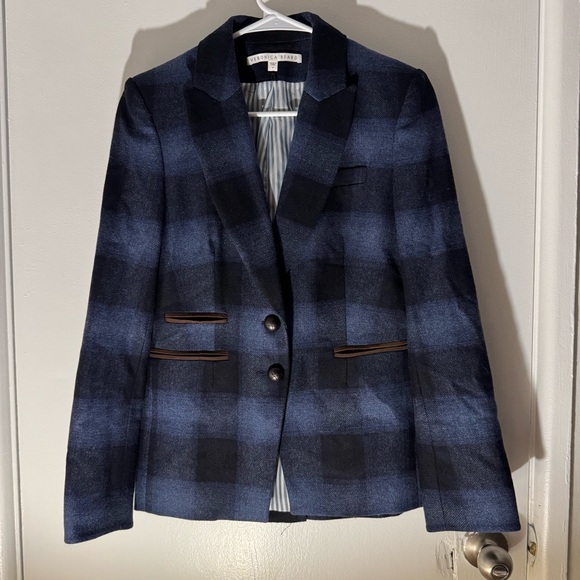 Veronica Beard Blue Navy Plaid Hudson Dickey jacket Blazer elbow pads size 4 - Picture 2 of 6